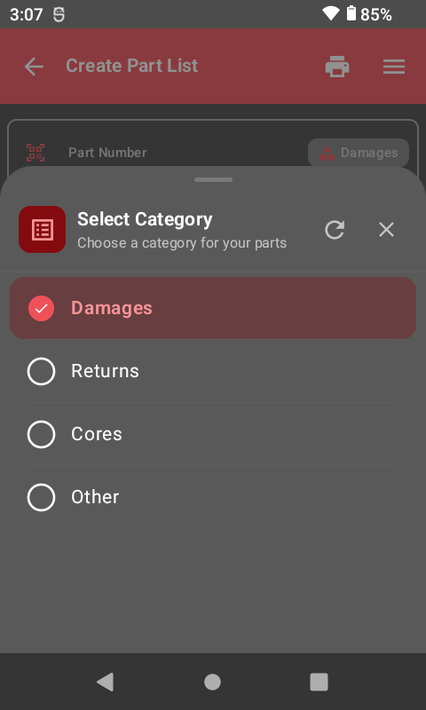 Select part list category