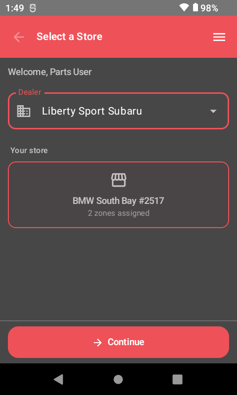 Store selection screen